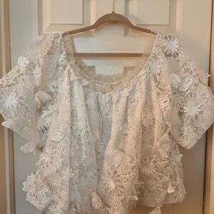 Anthropologie Cream Flutter Sleeve Blouse with Ruffled Embellishments